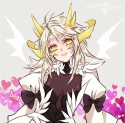 Rule 34 | 1girl, blonde hair, bow, drag-on dragoon, drag-on dragoon 3, dress, gender request, genderswap, horns, long hair, long sleeves, mikhail (drag-on dragoon), open mouth, personification, shinzui (fantasysky7), smile, solo, wings, yellow eyes