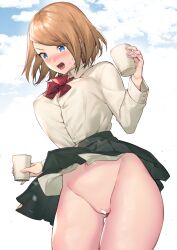 Rule 34 | 1girl, bar censor, black skirt, blue eyes, blush, bow, bowtie, brown hair, censored, collared shirt, commentary request, cowboy shot, cup, groin, highres, holding, holding cup, itohana, long sleeves, navel, no panties, open mouth, original, paid reward available, red bow, red bowtie, school uniform, shirt, short hair, skirt, solo, textless version, thigh gap, white shirt, wind, wind lift