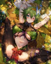 Rule 34 | 1girl, arms up, black bow, black pantyhose, blue eyes, bound, bound legs, bow, breasts, bug, butterfly, butterfly hair ornament, commission, flower, fuusuke (sengoku bushouki muramasa), grass, green hair, hair ornament, hairband, insect, large breasts, leg up, looking at viewer, lying, munlu (wolupus), navel, on back, on grass, one eye closed, pantyhose, red bow, restrained, sengoku bushouki muramasa, shibari, shiny clothes, skeb commission, solo, spread legs, tearing up, tight clothes, torn clothes, torn pantyhose, underboob, yellow hairband
