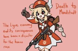 Rule 34 | 1girl, backpack, bag, blonde hair, cap, centurii-chan (artist), crazy eyes, crazy smile, dress, english text, female focus, genshin impact, gloves, gun, holding, holding gun, holding weapon, klee (genshin impact), looking at viewer, medium hair, meme, pink hair, pointy ears, red eyes, rifle, simple background, smile, solo, standing, unabomber, weapon