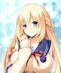 Rule 34 | 1girl, alternate costume, blonde hair, blue eyes, bow, bowtie, braid, breasts, collarbone, commentary request, doria (p f dolia), french braid, hair between eyes, highres, large breasts, long hair, long sleeves, looking at viewer, neptune (series), sailor collar, school uniform, serafuku, smile, solo, sweater, upper body, vert (neptunia), yellow sweater