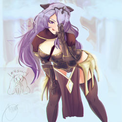 Rule 34 | 2girls, :q, bent over, black legwear, breasts, cameltoe, camilla (fire emblem), cleavage, elise (fire emblem), fire emblem, fire emblem fates, gauntlets, godsh0t, hair over one eye, hand on own hip, hand on own thigh, hand on thigh, large breasts, leaning forward, looking at viewer, multiple girls, naughty face, nintendo, purple eyes, purple hair, solo focus, thighhighs, tongue, tongue out