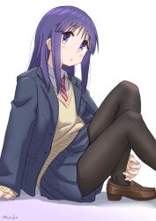 Rule 34 | 1girl, black jacket, black pantyhose, blazer, blue skirt, brown footwear, brown sweater, collared shirt, commentary request, diagonal-striped clothes, diagonal-striped necktie, diagonal-striped neckwear, feet out of frame, highres, hinata yukari, jacket, knees up, loafers, long hair, looking at viewer, necktie, open clothes, open jacket, pantyhose, parted lips, pleated skirt, purple eyes, purple hair, red necktie, school uniform, shirt, shoes, signature, sitting, skirt, solo, striped clothes, striped necktie, striped neckwear, sweater, umiroku, white background, white shirt, yuyushiki