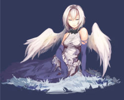 Rule 34 | 1girl, angel wings, anonymous drawfag, bare shoulders, breasts, elbow gloves, engi threepiece, feather boa, gloves, half-closed eyes, highres, long hair, long skirt, lying, on side, purple eyes, silver hair, simple background, skirt, small breasts, solo, wings, yumekui merry