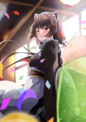 Rule 34 | 1girl, absurdres, animal ears, apron, blush, brown hair, brown kimono, confetti, dog ears, dog hair ornament, floating hair, from side, hair ornament, heterochromia, highres, holding, holding tray, indoors, inui toko, japanese clothes, kimono, long sleeves, looking at viewer, looking to the side, maid, maid headdress, mika uni, nijisanji, parted lips, red eyes, solo, tray, virtual youtuber, wa maid, white apron, yellow eyes