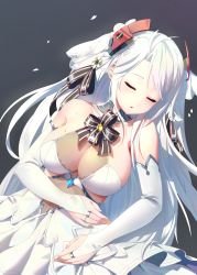 Rule 34 | 1girl, absurdres, antenna hair, azur lane, black background, blush, breasts, bridal gauntlets, bridal veil, dress, closed eyes, finx, gloves, headgear, highres, large breasts, long hair, looking at viewer, mole, mole on breast, multicolored hair, prinz eugen (azur lane), prinz eugen (symphonic fate) (azur lane), silver hair, sleeping, solo, two side up, veil, very long hair, wedding dress, white dress