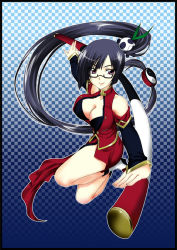 Rule 34 | 1girl, arc system works, bad id, bad pixiv id, bare shoulders, black hair, blazblue, blazblue: calamity trigger, boots, cleavage cutout, clothing cutout, detached sleeves, full body, glasses, lao jiu, litchi faye ling, marugoto ringo, marugotoringo, purple eyes, simple background, solo, weapon