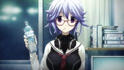 Rule 34 | 1girl, book, bottle, breasts, chaos;child, computer, game cg, glasses, headphones, kazuki hana, large breasts, official art, purple eyes, purple hair, solo