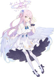 Rule 34 | 1girl, black footwear, blue archive, blue ribbon, breasts, capelet, commentary request, dress, feathered wings, frilled dress, frills, full body, hair bun, halo, hand up, highres, long hair, looking at viewer, looking up, low wings, medium breasts, mika (blue archive), nogami (minamiituki), open mouth, pantyhose, pink hair, pink halo, ribbon, scrunchie, sidelocks, simple background, single hair bun, smile, solo, very long hair, white background, white capelet, white dress, white pantyhose, white wings, wing ornament, wings, wrist scrunchie, yellow eyes