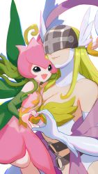Rule 34 | 2girls, angel wings, angewomon, blonde hair, breasts, cleavage, covered eyes, detached hood, detached sleeves, digimon, digimon (creature), digimon adventure, dress, elbow gloves, fang, gloves, green sleeves, hagoromo, heart, heart hands, heart hands duo, helmet, highres, large breasts, leaf wings, lilimon, lips, long hair, looking at viewer, multiple girls, multiple wings, o-ring, open mouth, pink dress, plant, rae (hexedwithluck), shawl, smile, solid eyes, vines, visor, white background, white gloves, winged helmet, wings