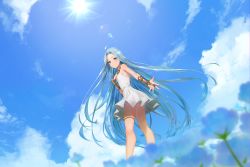 Rule 34 | 1girl, ahoge, bad id, bad pixiv id, blue eyes, blue hair, blue sky, bridal gauntlets, day, dress, floating hair, from below, granblue fantasy, lens flare, long hair, looking at viewer, lyria (granblue fantasy), no panties, outdoors, rowya, short dress, sky, sleeveless, sleeveless dress, smile, solo, standing, sun, sunlight, thighlet, very long hair, white dress