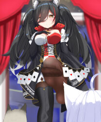 Rule 34 | 2girls, animal ears, artist request, black dress, black gloves, black hair, breasts, cross-laced clothes, cross-laced dress, dress, gloves, hair over one eye, hand on own chest, highres, hololive, medium breasts, multiple girls, ookami mio, ookami mio (wonderland), queen (playing card), queen of hearts (playing card), shirakami fubuki, tail, tail around own leg, virtual youtuber, white hair, wolf ears, wolf girl, wolf tail, yellow eyes
