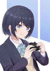 Rule 34 | 1girl, black hair, black jacket, blue background, blue bow, blue bowtie, blue eyes, bow, bowtie, chewing, closed mouth, collared shirt, commentary request, food, highres, holding, holding food, jacket, novi visual, onigiri, original, school uniform, shirt, short hair, solo, two-tone background, upper body, white background, white shirt