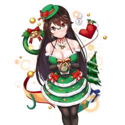 Rule 34 | 1girl, anti (0324), bell, black gloves, black pantyhose, bow, breasts, candy, candy cane, christmas, christmas tree, christmas wreath, cleavage, dress, dress bow, elbow gloves, food, fur-trimmed dress, fur trim, gift, glasses, gloves, green-framed eyewear, green dress, hair ornament, hairclip, halterneck, hanasaki tomoyo (uchi no hime-sama), hat, holding, jewelry, large breasts, leggings, looking at viewer, mole, mole on breast, neck ribbon, necklace, official art, pantyhose, red eyes, ribbon, semi-rimless eyewear, smile, snowman, solo, transparent background, uchi no hime-sama ga ichiban kawaii, wreath