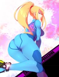 Rule 34 | 1girl, ass, bad id, bad tumblr id, blonde hair, blue eyes, bodysuit, breasts, english text, from behind, highres, hip focus, huge ass, large breasts, looking back, metroid, nintendo, obj shep, ponytail, samus aran, skin tight, solo, standing, standing on one leg, super smash bros., thick thighs, thighs, wide hips, zero suit