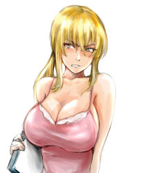 Rule 34 | 1girl, angry, armored core, blonde hair, breasts, cleavage, dress, from software, head tilt, huge breasts, lana nielsen, large breasts, osakana (denpa yun&#039;yun), pink dress, solo