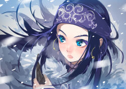 Rule 34 | asirpa, blue eyes, earrings, golden kamuy, headband, highres, jewelry, lips, moroi, wind, winter, winter clothes