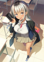 Rule 34 | 1girl, :d, arm behind back, bag, black jacket, blazer, blush, breasts, cardigan, chair, chocolate, classroom, desk, dress shirt, food, foreshortening, from above, grey cardigan, grey hair, gyaru, hand up, highres, holding, holding bag, holding chocolate, holding food, imachireki, indoors, jacket, large breasts, long hair, looking at viewer, looking up, necktie, open clothes, open jacket, open mouth, original, pleated skirt, red necktie, school, school chair, school desk, school uniform, shadow, shirt, shoes, shopping bag, sidelocks, skirt, sleeves past wrists, smile, socks, solo, standing, striped necktie, striped neckwear, sunlight, tan, taut clothes, tile floor, tiles, uwabaki