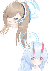2girls, ;d, absurdres, asuna (blue archive), bangs, blue archive, blue eyes, blue hair, blue ribbon, braid, brown hair, chise (blue archive), eyebrows visible through hair, flower, hair flower, hair ornament, hair over one eye, hair ribbon, halo, highres, horns, long hair, maid headdress, multiple girls, one eye closed, oni, oni horns, open mouth, red eyes, ribbon, roido (taniko-t-1218), simple background, smile, white background, white flower