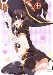 Rule 34 | 10s, 1girl, argyle, argyle background, argyle clothes, ass, bad id, bad pixiv id, black thighhighs, blush, brown hair, cape, fingerless gloves, flat chest, gloves, hat, kono subarashii sekai ni shukufuku wo!, looking at viewer, looking back, maruchan., megumin, naked cape, nipples, no panties, open mouth, red eyes, short hair, sidelocks, single thighhigh, sitting, solo, staff, thighhighs, wariza, witch hat
