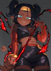 Rule 34 | 1girl, absurdres, android x-2 (poicapz), bare shoulders, black hair, blue eyes, breasts, commission, dark-skinned female, dark skin, dragon ball, earrings, elbow gloves, energy, fingernails, gloves, headband, highres, hoop earrings, jewelry, medium breasts, midriff, miniskirt, original, pantyhose, pointy ears, sharp fingernails, short twintails, skirt, smug, tail, twintails, zequung