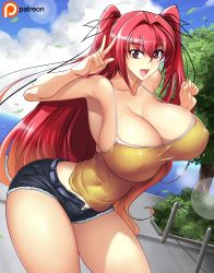 Rule 34 | 1girl, absurdres, bare shoulders, blue sky, breasts, cleavage, cloud, denim, denim shorts, female focus, haganef, highres, huge breasts, long hair, looking at viewer, matching hair/eyes, naruse mio, open mouth, outdoors, red eyes, red hair, shinmai maou no testament, shorts, skindentation, sky, smile, solo, standing, tree, twintails
