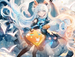 Rule 34 | 1girl, :d, animal ears, bag, baguette, black dress, black pantyhose, black umbrella, blue bow, bow, bread, cloud, cloudy sky, commentary request, dress, floating hair, flower, food, grey eyes, grey hair, hatsune miku, highres, holding, holding umbrella, juexing (moemoe3345), kemonomimi mode, long hair, looking at viewer, open mouth, pantyhose, paper bag, pink flower, rabbit ears, sky, smile, solo, suitcase, umbrella, very long hair, vocaloid