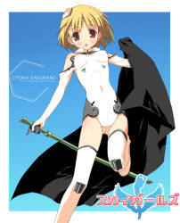 Rule 34 | 00s, 1girl, :o, bare shoulders, blonde hair, blue background, blunt bangs, blush, boots, breasts, character name, copyright name, covered erect nipples, covered navel, elbow gloves, gloves, gradient background, halterneck, headgear, holding, holding weapon, kantoku, leg lift, leotard, logo, looking at viewer, motionslit, open mouth, parted bangs, petite, pilot suit, red eyes, sakurano otoha, short hair, sky girls, small breasts, solo, sword, thigh boots, thighhighs, turtleneck, weapon, white footwear, white thighhighs