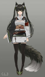 Rule 34 | 1girl, animal ears, arms at sides, black eyes, black hair, black thighhighs, fox ears, fox girl, fox tail, full body, grey background, highres, inabi, japanese clothes, long hair, long sleeves, looking at viewer, obi, original, pigeon-toed, sandals, sash, simple background, smile, solo, standing, tail, thighhighs, twintails, zettai ryouiki