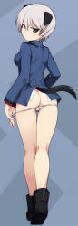 Rule 34 | 1girl, animal ears, ass, blush, dog ears, dog tail, green eyes, laura toth, looking at viewer, looking back, military, military uniform, null (nyanpyoun), panties, panty pull, short hair, silver hair, solo, strike witches, strike witches: katayoku no majo-tachi, tail, underwear, uniform, world witches series