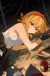 Rule 34 | 1girl, bird, black gloves, blonde hair, chain, commentary, english commentary, gloves, highres, hololive, hololive indonesia, kaela kovalskia, long hair, looking at viewer, lying, on floor, on side, penguin, red eyes, smile, solo, sparks, tank top, virtual youtuber, white tank top, zakimpo