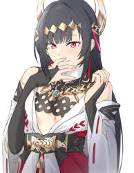 Rule 34 | 1girl, black hair, blush, breasts, closed mouth, girls&#039; frontline neural cloud, hakama, hand on own face, headpiece, japanese clothes, kimie (neural cloud), long hair, looking at viewer, miko, nontraditional miko, red eyes, saruno (eyesonly712), small breasts, solo, upper body