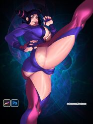 Rule 34 | 1girl, artist name, ass, biker clothes, bikesuit, bodysuit, breasts, cameltoe, capcom, center opening, cleft of venus, drill hair, female focus, fingerless gloves, from below, gloves, gradient background, han juri, highres, huge ass, krezniverse, large breasts, leg up, looking at viewer, looking down, open mouth, patreon username, purple eyes, purple hair, purple lips, purple nails, smile, solo, standing, standing on one leg, street fighter, street fighter v, teeth, thick thighs, thighs, tongue, tongue out, twin drills, twintails, underboob