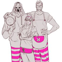 Rule 34 | 1girl, 2boys, animal print, apron, bad id, bad twitter id, blowing bubbles, chewing gum, covered mouth, crossed arms, d.va (overwatch), facepaint, facial mark, hairband, hand on another&#039;s shoulder, hand on own hip, highres, hood, hoodie, long hair, long sleeves, looking at viewer, mask, monochrome, mouth mask, multiple boys, overwatch, overwatch 1, pink shorts, pocket, rabbit print, reaper (overwatch), shorts, simple background, skull mask, soldier: 76 (overwatch), spot color, striped, visor, whisker markings, white background