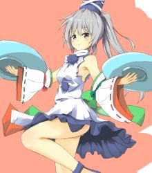Rule 34 | 1girl, adapted costume, armpits, bare shoulders, bluekalmia, blush, breasts, detached sleeves, dress, expressionless, grey eyes, hat, leg up, legs, looking at viewer, mononobe no futo, panties, pantyshot, plate, ponytail, simple background, skirt, small breasts, solo, spinning, standing, tate eboshi, touhou, triangle mouth, underwear, white panties
