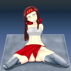 Rule 34 | 10s, 1girl, blush, breasts, brown eyes, brown hair, fundoshi, girls und panzer, groin, highres, japanese clothes, navel, petrification, saemonza (girls und panzer), small breasts, solo, spread legs