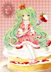 Rule 34 | 1girl, argyle, argyle background, argyle clothes, cake, crown, dress, food, fork, fruit, green eyes, green hair, hatsune miku, high heels, in food, jewelry, kneehighs, long hair, mary janes, matching hair/eyes, mini person, minigirl, necklace, shoes, sitting, socks, solo, strawberry, twintails, very long hair, vocaloid, yukise miyu