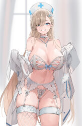 Rule 34 | 1girl, absurdres, alternate costume, areola slip, asuna (blue archive), bare shoulders, blue archive, blue eyes, blush, bra, breasts, choker, cleavage, collarbone, cowboy shot, cross, cross-laced clothes, cross choker, curtains, dishwasher1910, elbow gloves, fishnet thighhighs, fishnets, garter belt, gloves, grin, hair over one eye, hat, highres, jacket, jewelry, large breasts, light brown hair, long hair, long sleeves, looking at viewer, navel, necklace, nurse cap, off shoulder, open clothes, open jacket, panties, revealing clothes, smile, solo, stomach, thighhighs, thighs, underwear, very long hair, white bra, white gloves, white hat, white jacket, white panties, window
