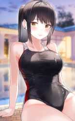 Rule 34 | 1girl, bare legs, black hair, black one-piece swimsuit, blurry, blurry background, blush, breasts, closed mouth, commentary request, competition swimsuit, ear piercing, highres, house, kfr, large breasts, lips, long hair, looking at viewer, one-piece swimsuit, orange eyes, original, outdoors, piercing, ponytail, pool, sitting, smile, solo, swimsuit, thighs, wet, wet hair