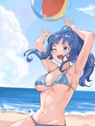 1girl absurdres ahoge armpits arms_up ball beach beachball bikini blue_bikini blue_eyes blue_hair breasts day gary_huang high_ponytail highres horizon large_breasts make_heroine_ga_oo_sugiru! medium_hair midriff navel ocean one_eye_closed open_mouth outdoors ponytail sky smile solo string_bikini swimsuit teeth underboob upper_teeth_only yanami_anna