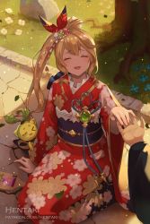 Rule 34 | &gt; o, 1boy, 1girl, :d, ;d, ^ ^, artist name, blonde hair, blue flower, closed eyes, commentary, dragalia lost, elisanne, english commentary, floral print, flower, hagoita, hair ribbon, hanetsuki, hentaki, highres, japanese clothes, kimono, long hair, long sleeves, obi, on ground, one eye closed, open mouth, out of frame, outdoors, paddle, ponytail, print kimono, red kimono, red ribbon, ribbon, sash, seiza, sitting, smile, solo focus, sunset, tree, very long hair, watermark, web address, white flower, wide sleeves