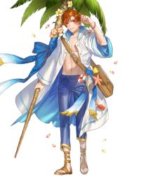 Rule 34 | abs, bag, bracelet, coconut tree, crab, fire emblem, fire emblem: radiant dawn, fire emblem heroes, flower, full body, highres, jewelry, kippu, leaf, navel, nintendo, official art, open clothes, open mouth, open shirt, orange eyes, orange hair, palm tree, petals, rhys (fire emblem), sandals, seashell, shell, solo, staff, starfish, teeth, transparent background, tree