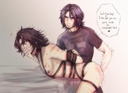Rule 34 | 10s, 2boys, anal, ardyn izunia, ass, ass juice, bed, bed sheet, blush, evil grin, evil smile, facial hair, final fantasy, final fantasy xv, fisting, gin, grin, lube, male focus, male penetrated, multiple boys, noctis lucis caelum, nude, restrained, scar, smile, smirk, sweat, tagme, tears, text focus, trembling, yaoi