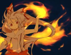 Rule 34 | 1girl, azuma seiji, black background, bow, cowboy shot, female focus, fire, fujiwara no mokou, hair bow, long sleeves, looking at viewer, pants, red eyes, silver hair, simple background, solo, suspenders, touhou, white bow