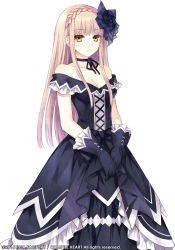 Rule 34 | 1girl, absurdres, breasts, choker, cleavage, dress, fairy fencer f, gloves, hair ornament, highres, long hair, looking at viewer, mariano (fairy fencer f), original, pink hair, simple background, solo, tsunako, white background, yellow eyes