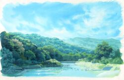 Rule 34 | blue sky, border, day, forest, highres, nature, no humans, original, outdoors, painting (medium), river, sawitou mizuki, scenery, sky, traditional media, white border