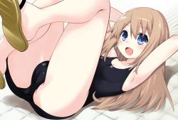 Rule 34 | 1girl, :d, alternate costume, armpits, arms behind head, ass, bare legs, bare shoulders, black one-piece swimsuit, blue eyes, blush, breasts, brown hair, cameltoe, cleavage, commentary request, feet up, iwashi dorobou -r-, knees up, long hair, looking at viewer, lying, neptune (series), on back, one-piece swimsuit, open mouth, ram (neptunia), sandals, small breasts, smile, solo, swimsuit, thighs