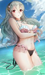 Rule 34 | 1girl, artist name, bikini, black hairband, blue sky, blush, breasts, cleavage, cloud, corrin (female) (fire emblem), corrin (fire emblem), day, fire emblem, fire emblem cipher, fire emblem fates, grey hair, hairband, highres, ippers, large breasts, long hair, looking at viewer, nintendo, outdoors, pointy ears, red eyes, shell, shell bikini, sky, slit pupils, solo, standing, swimsuit, wading, water