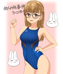 Rule 34 | 1girl, bad id, bad twitter id, black-framed eyewear, blue one-piece swimsuit, borrowed character, brown eyes, brown hair, commentary request, competition swimsuit, cowboy shot, glasses, inactive account, looking at viewer, mizuno (brand), one-piece swimsuit, original, pink background, rabbit, solo, standing, striped clothes, striped one-piece swimsuit, swimsuit, takafumi, translation request