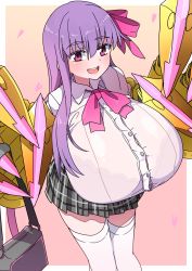 Rule 34 | 1girl, absurdres, akitokage, blouse, bralines, breasts, claws, fate/extra, fate/extra ccc, fate/grand order, fate (series), gigantic breasts, hair ribbon, highres, huge breasts, long hair, looking at viewer, open mouth, passionlip (fate), pink background, pink ribbon, purple eyes, purple hair, ribbon, school uniform, see-through, shirt, smile, solo, thighhighs, wet, wet clothes, wet shirt, white shirt, white thighhighs, zettai ryouiki